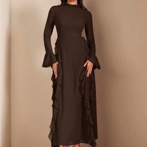 SHEIN Chocolate Brown Ruffle Long Sleeve Maxi Dress